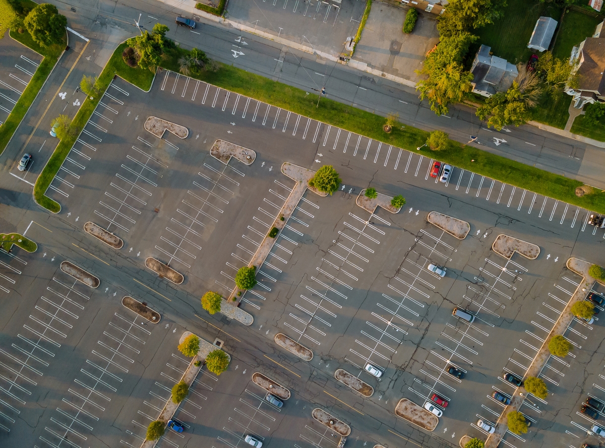 aerial view of cars in a parking lot